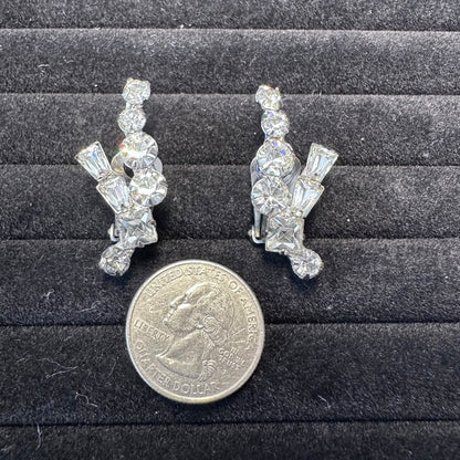 Vintage Silver Tone Crystal Clear Rhinestone High End Clip On Earring