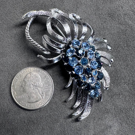 Vintage 1950s Coro Pegasus SilverTone Petal Flower Blue And Clear Pin Brooch