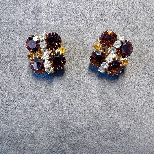 Vintage Topaz Color Rhinestone Cluster Clip On Earrings