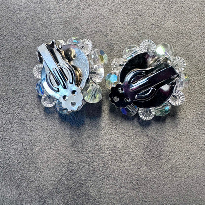 Vintage Aurora Borealis Rhinestone Beaded Cluster Clip On Earring