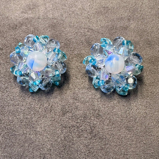 Vintage Blue Cluster Rhinestone Clip On Earrings