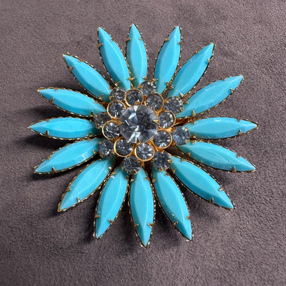 Quality Blue Celluloid Navette Rhinestone Flower Brooch Pin Vintage With Crystal