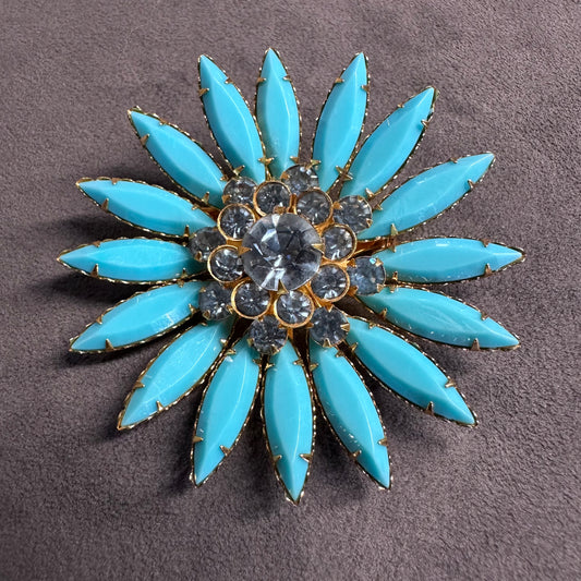 Quality Blue Celluloid Navette Rhinestone Flower Brooch Pin Vintage With Crystal