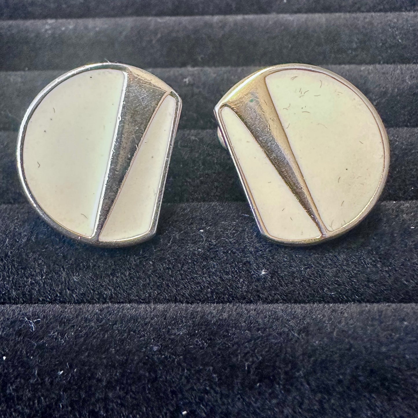 Vintage Monet Cream Enamel Gold Tone Geometric Half CircleClip On Earring