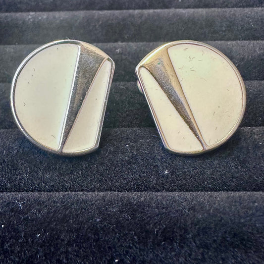 Vintage Monet Cream Enamel Gold Tone Geometric Half CircleClip On Earring
