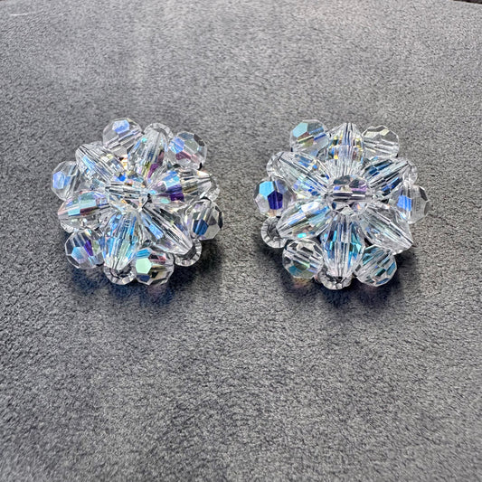 Vintage Aurora Borealis Rhinestone Beaded Cluster Clip On Earring