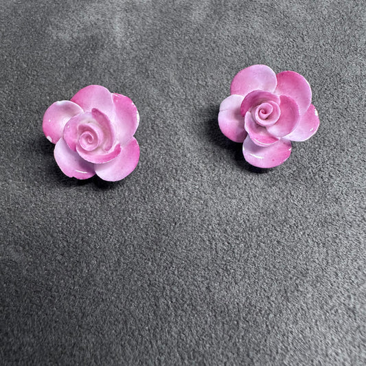 Pink Floral Enamel Clip On Earring