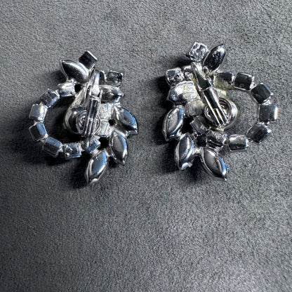 Vtg Black and Clear Crystal Rhinestone Clip-On Cluster Earrings