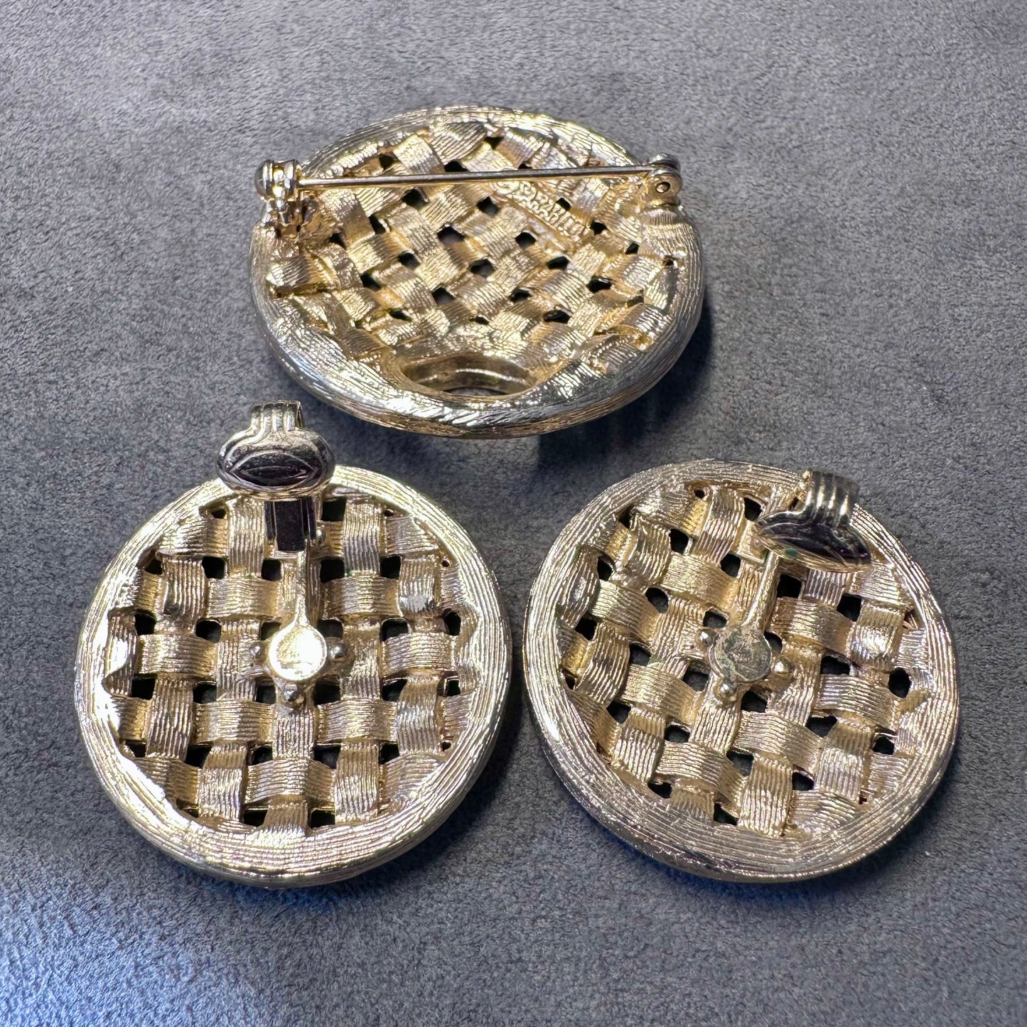 Vintage 1960's Sarah Coventry Gold Tone Basketweave Brooch and Clip On Earring Set