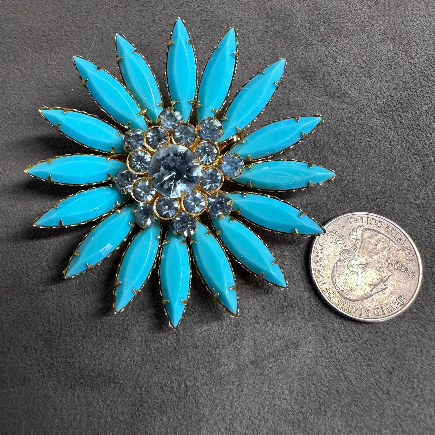 Quality Blue Celluloid Navette Rhinestone Flower Brooch Pin Vintage With Crystal