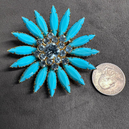 Quality Blue Celluloid Navette Rhinestone Flower Brooch Pin Vintage With Crystal