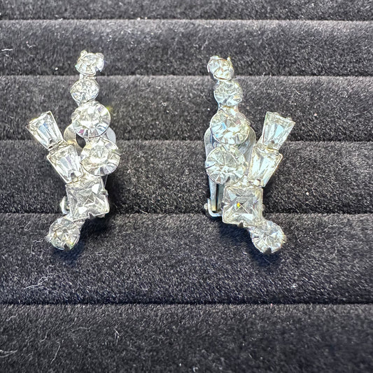 Vintage Silver Tone Crystal Clear Rhinestone High End Clip On Earring