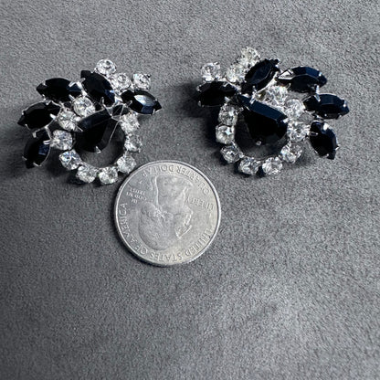 Vtg Black and Clear Crystal Rhinestone Clip-On Cluster Earrings