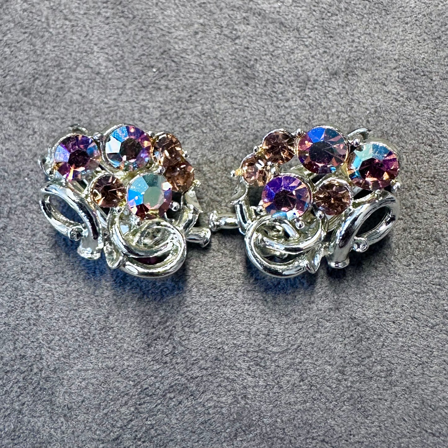 Vintage Pink/Red AB Rhinestone Silver Tone MCM Clip On Earring