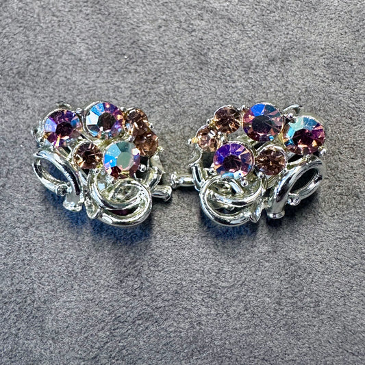 Vintage Pink/Red AB Rhinestone Silver Tone MCM Clip On Earring