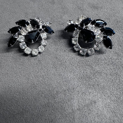 Vtg Black and Clear Crystal Rhinestone Clip-On Cluster Earrings