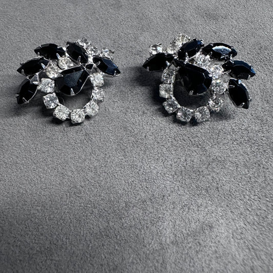 Vtg Black and Clear Crystal Rhinestone Clip-On Cluster Earrings