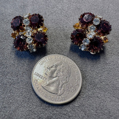 Vintage Topaz Color Rhinestone Cluster Clip On Earrings