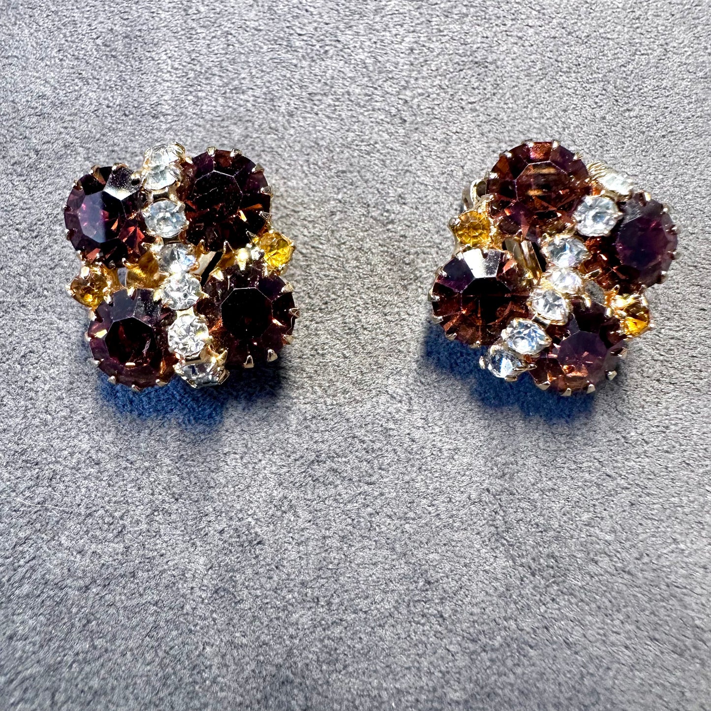 Vintage Topaz Color Rhinestone Cluster Clip On Earrings