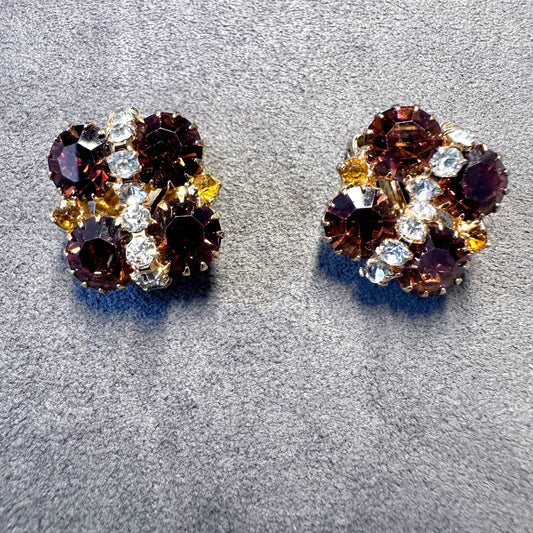 Vintage Topaz Color Rhinestone Cluster Clip On Earrings