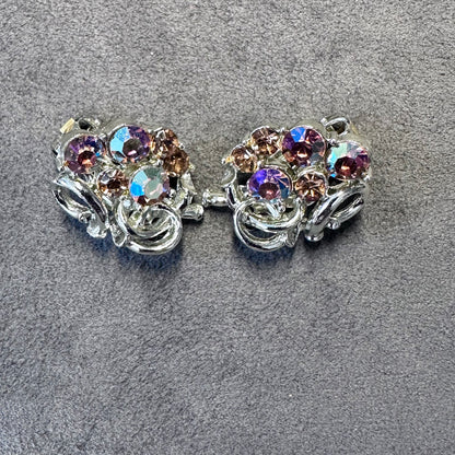 Vintage Pink/Red AB Rhinestone Silver Tone MCM Clip On Earring