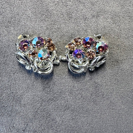 Vintage Pink/Red AB Rhinestone Silver Tone MCM Clip On Earring
