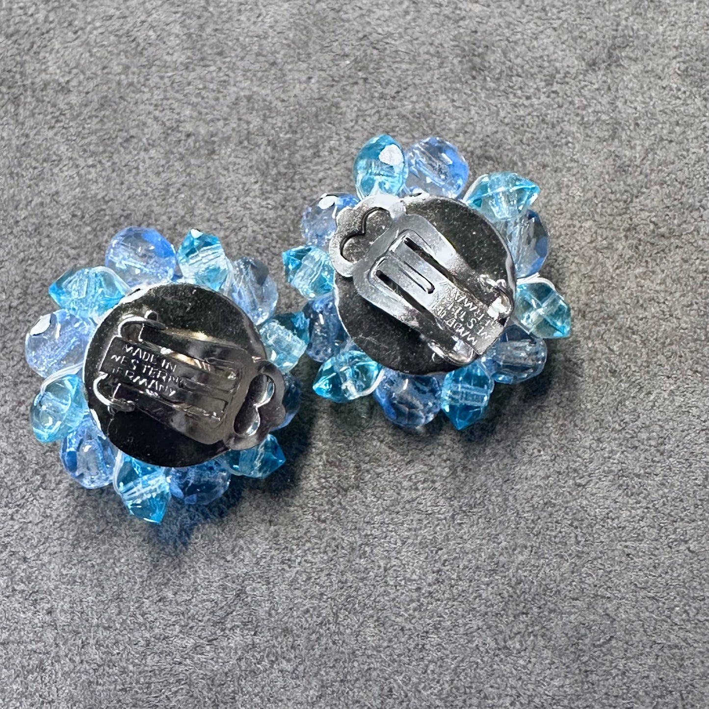 Vintage Blue Cluster Rhinestone Clip On Earrings