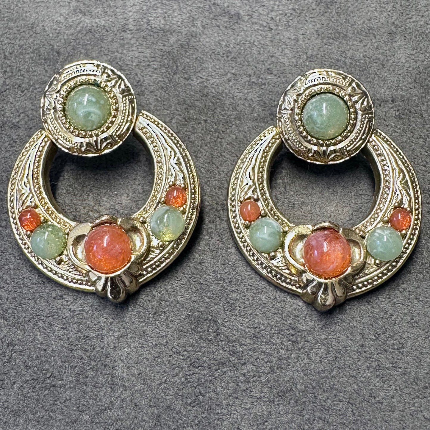 Vintage Gold Tone 1928 Ornate Door Knocker Jade and Coral Color Stone Pierced Earrings