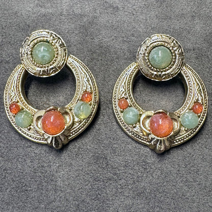 Vintage Gold Tone 1928 Ornate Door Knocker Jade and Coral Color Stone Pierced Earrings