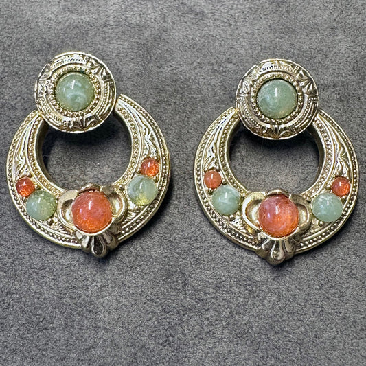 Vintage Gold Tone 1928 Ornate Door Knocker Jade and Coral Color Stone Pierced Earrings