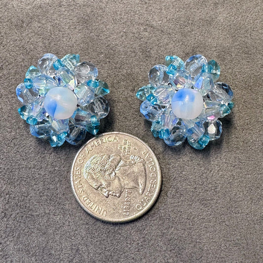 Vintage Blue Cluster Rhinestone Clip On Earrings