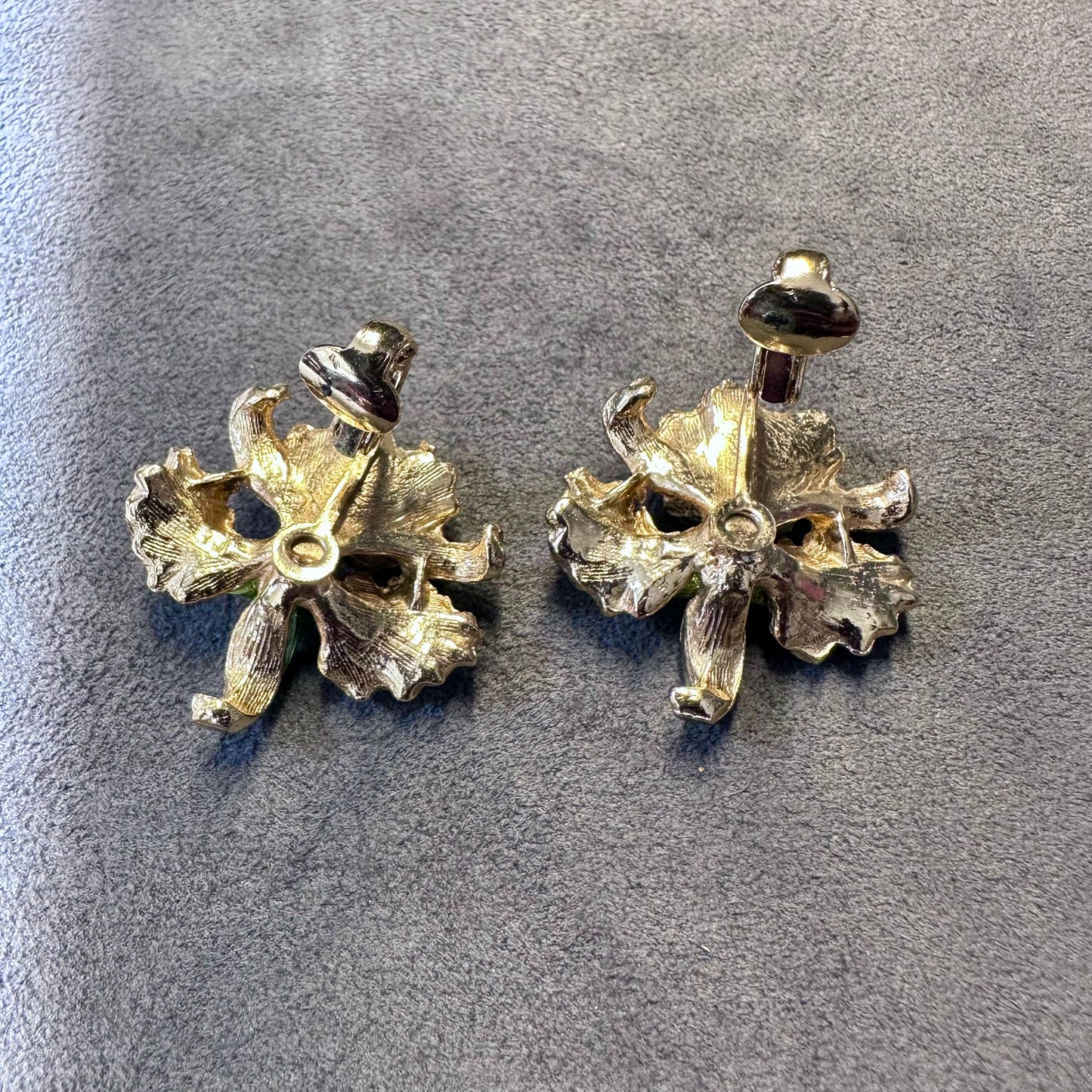 Vintage Gold Tone Orchid Flower with Green Stone Clip On Earring