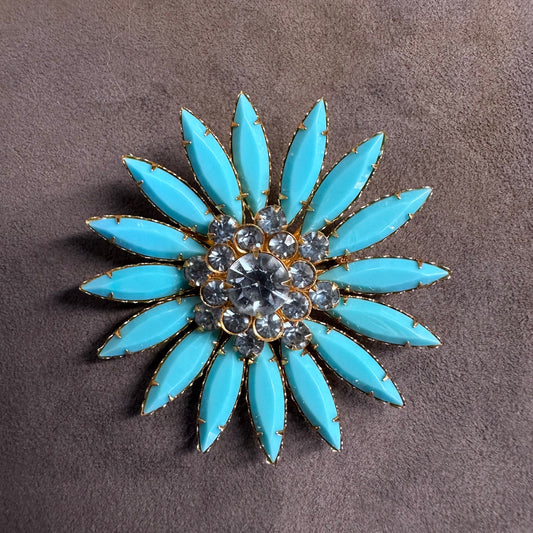 Quality Blue Celluloid Navette Rhinestone Flower Brooch Pin Vintage With Crystal
