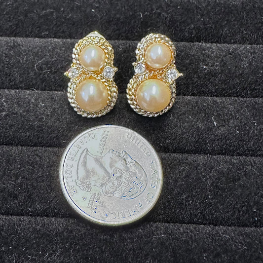 Vintage Richelieu Faux Pearl and Rhinestone Clip On Earrings