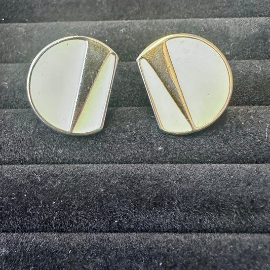 Vintage Monet Cream Enamel Gold Tone Geometric Half CircleClip On Earring