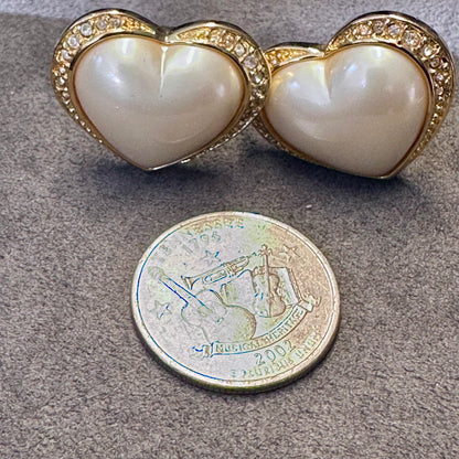 Vintage Trifari Gold Tone Heart Faux Pearl Rhinestone Clip On Earring