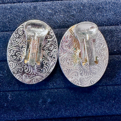 Vintage 1928 Porcelain Motif Transfer Rose Print Oval Shape Gold Tone Cushion Clip On Earring