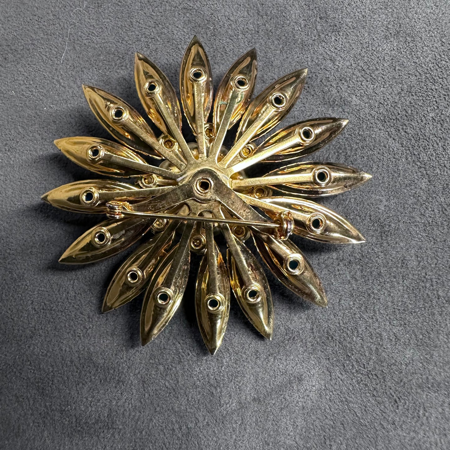 Quality Blue Celluloid Navette Rhinestone Flower Brooch Pin Vintage With Crystal