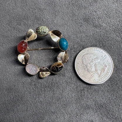 Vintage KL 12k Gold filled Green Black Onyx Carnelian Scarab Wreath Leaf Brooch