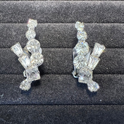 Vintage Silver Tone Crystal Clear Rhinestone High End Clip On Earring