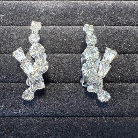 Vintage Silver Tone Crystal Clear Rhinestone High End Clip On Earring