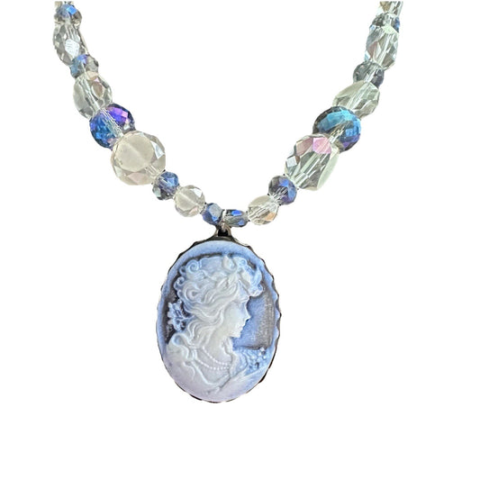 Vintage Style Victorian Cameo Beaded Necklace Blue