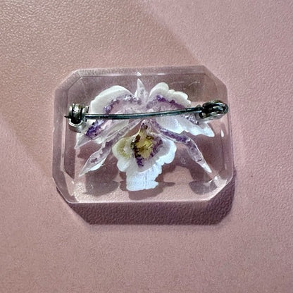 Vintage Lucite Orchid Brooch – Real Flower, Rectangle Design