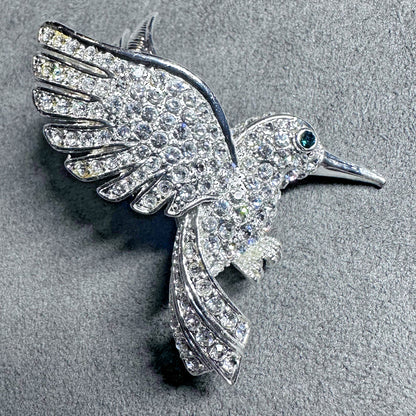 Vintage Silver Tone Rhinestone Hummingbird Brooch Pin with Green Eye