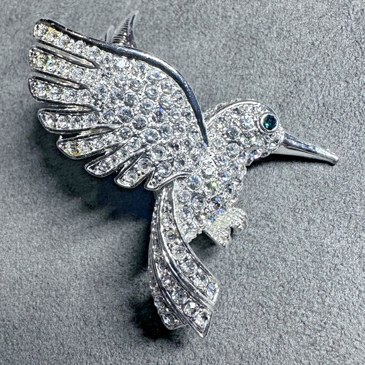 Vintage Silver Tone Rhinestone Hummingbird Brooch Pin with Green Eye