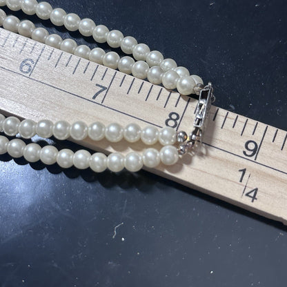 Vintage 2 Double Strand Faux Pearl Rhinestone Necklace Choker Ornate Box Clasp