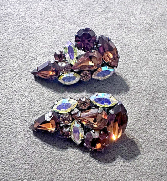 Vintage Root Beer Topaz Cabochon and AB Rhinestone clip on Earrings