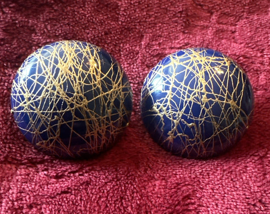 Vintage Button pierced earrings 1.5" blue and gold