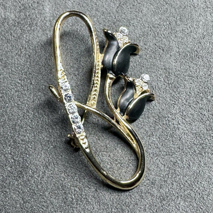 Vintage Tulip Gold Black Rhinestone Brooch Pin