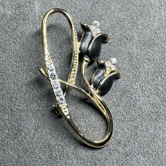 Vintage Tulip Gold Black Rhinestone Brooch Pin